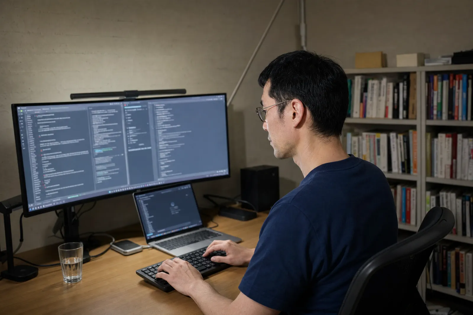デスクでコードを書く代表の作業風景
